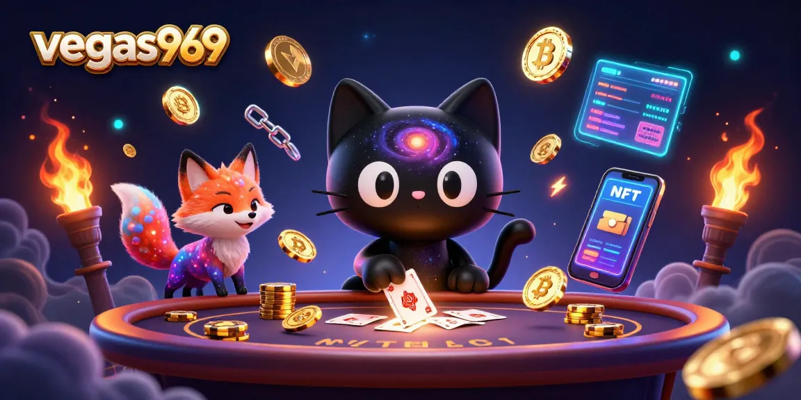 Experience excitement with vegas969 as a cosmic black hole cat attracts golden chips in a vibrant illustration