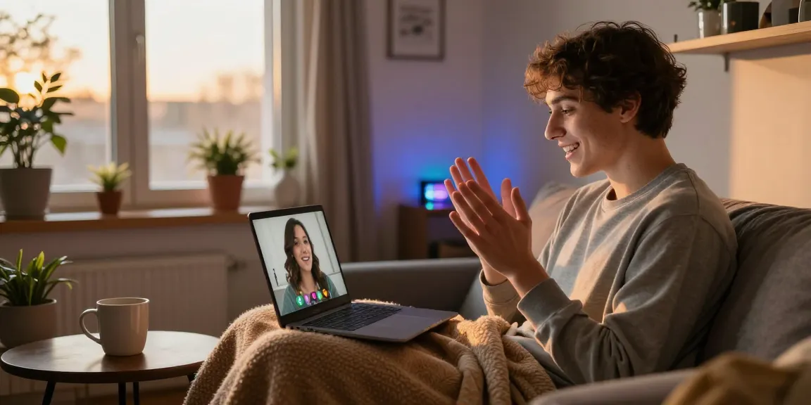 Engaging in a video chat with an AI girlfriend in inviting home décor.