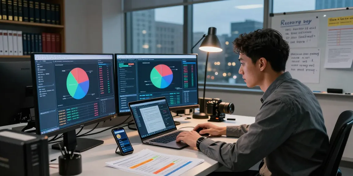 Investigator analyzing data to recover stolen cryptocurrency in a high-tech office