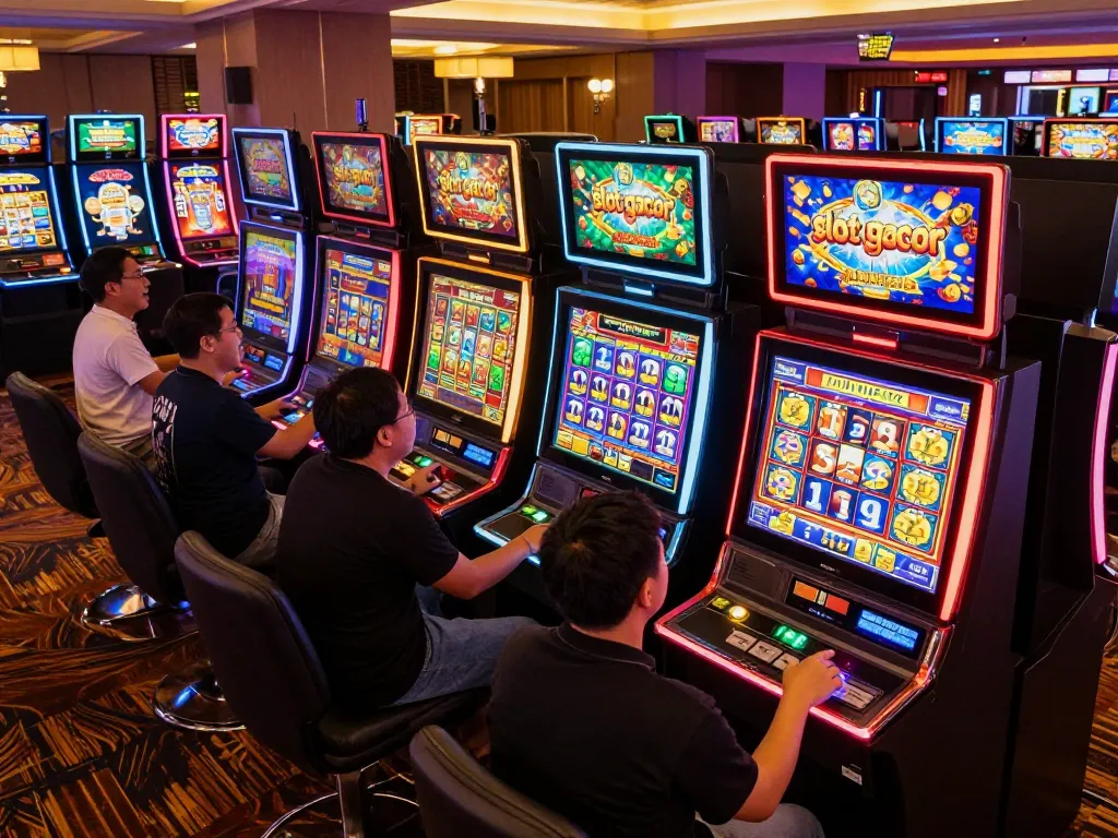 Players celebrating wins at colorful slot gacor machines in a lively casino atmosphere.