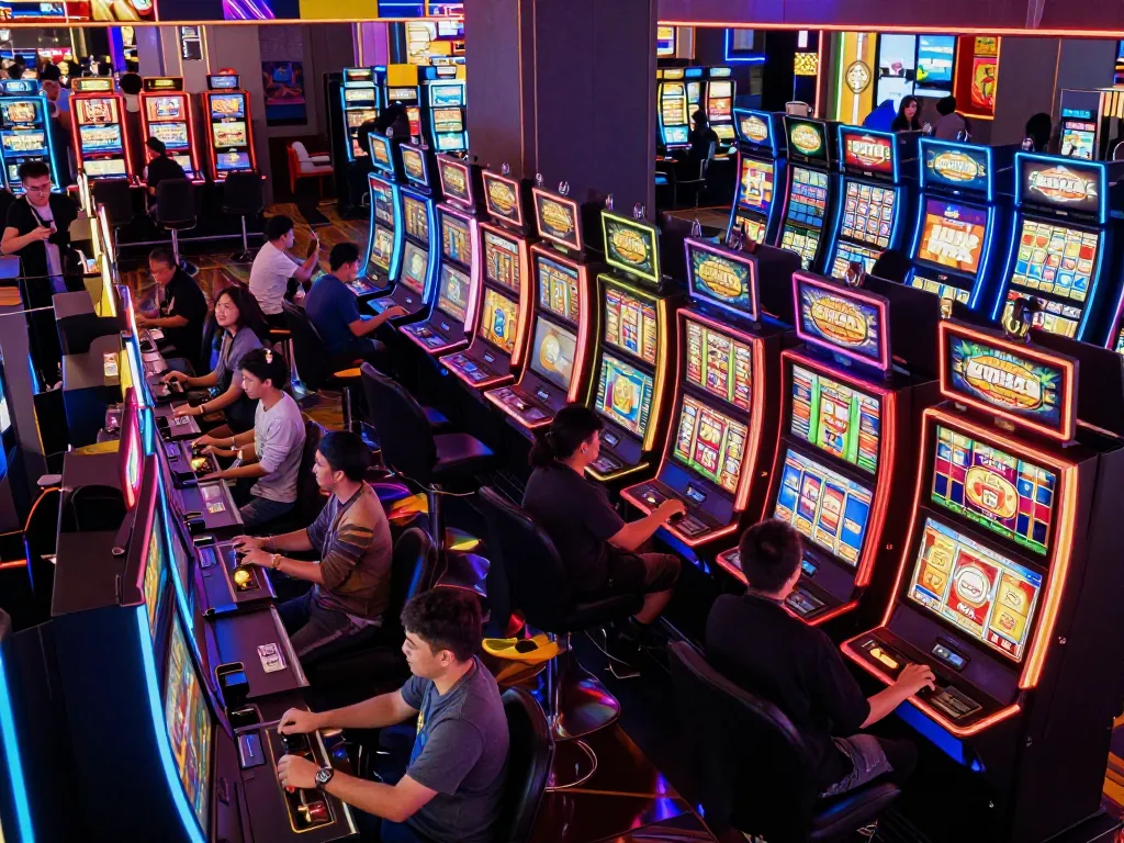Pemain yang terlibat di area mesin slot aneka4d yang penuh warna di kasino modern