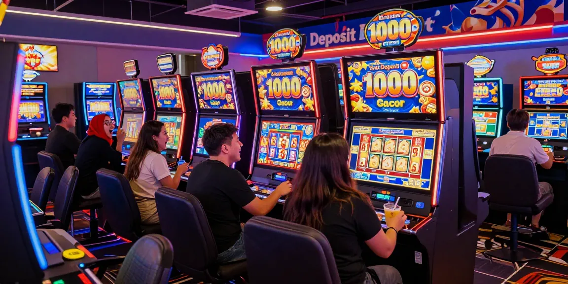 Excited players engaging with slot deposit 1000 machines in a vibrant online casino atmosphere, neon lights enhancing the gaming experience.