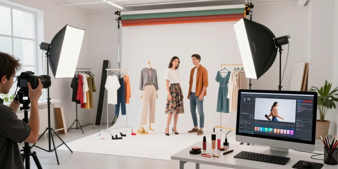 Fotografo ecommerce al lavoro in studio, catturando immagini professionali di prodotti per e-commerce.