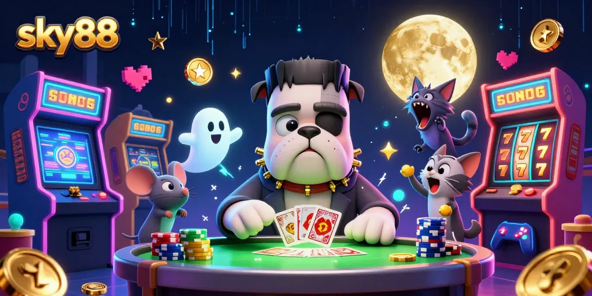 Engage in thrilling sky88 slots with a lively 3D cartoon scene featuring unique characters and vivid gaming elements.