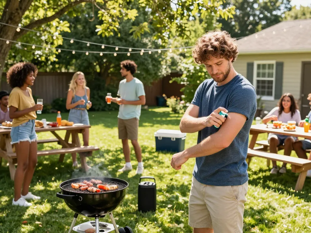 Friends applying Best Mosquito Repellent during a summer barbecue, enjoying outdoor activities.