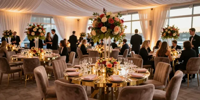 Event furniture rental showcasing elegant setup at a corporate gala with plush chairs and stylish tables.