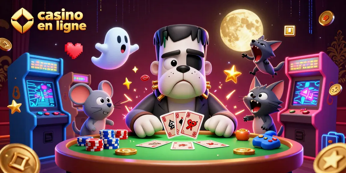Jouez pour gagner avec casino en ligne, un bulldog fantastique distribuant des cartes à une table lumineuse.