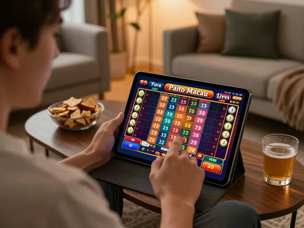 Paito macau player analyzing live lottery results on a tablet in a cozy home environment.