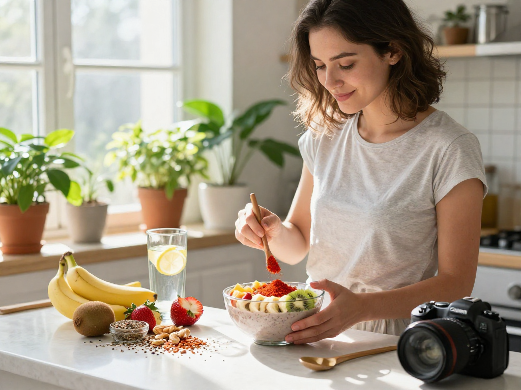 Health-conscious individual mixing premium astaxanthin smoothie bowl ingredients in a bright kitchen.