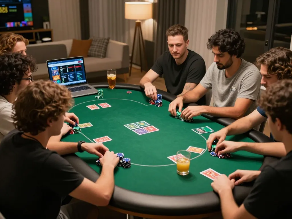Friends enjoying a thrilling poker night at home with Rik vip online gaming strategy
