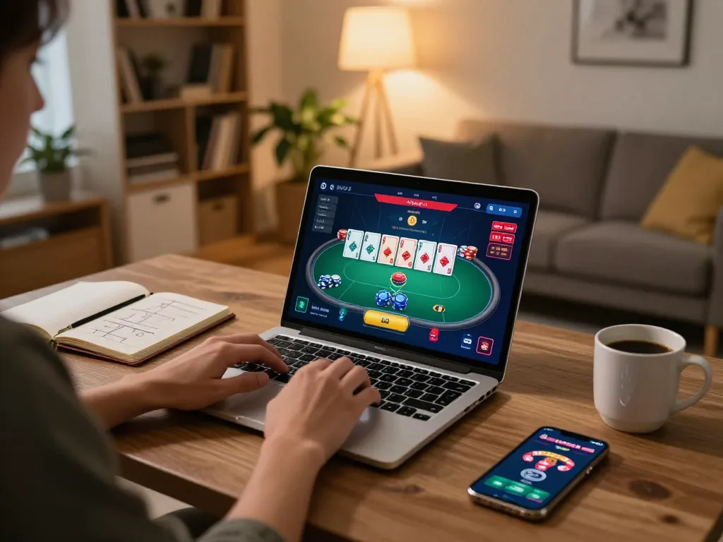 Player strategizing in online poker game at home with laptop, showcasing 789 gameplay