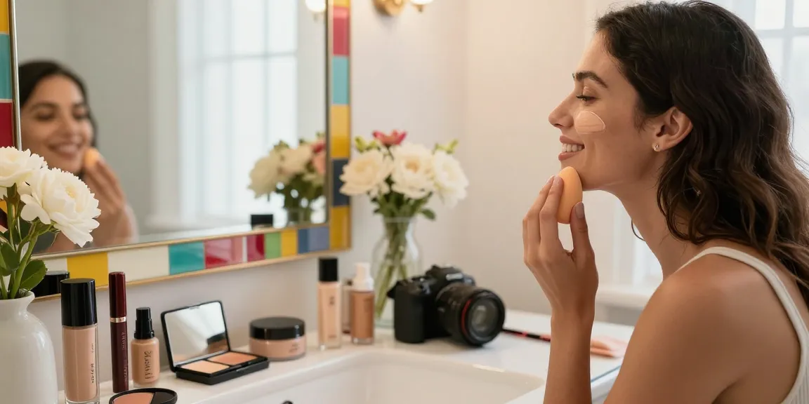 Applying silicone sponge makeup with Skone Cosmetics products in a stylish bathroom.
