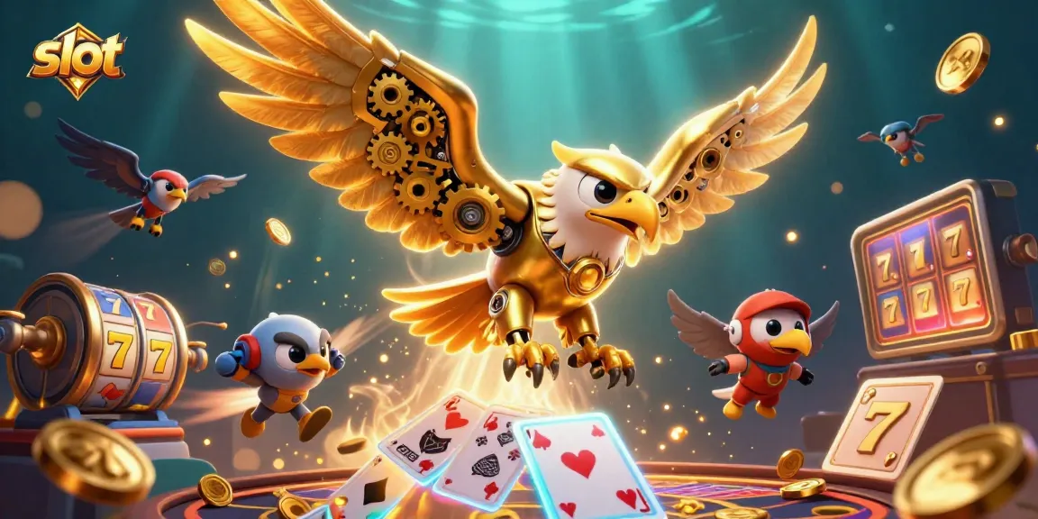 Experience thrilling slot gameplay with a cybernetic eagle amidst dynamic casino elements.