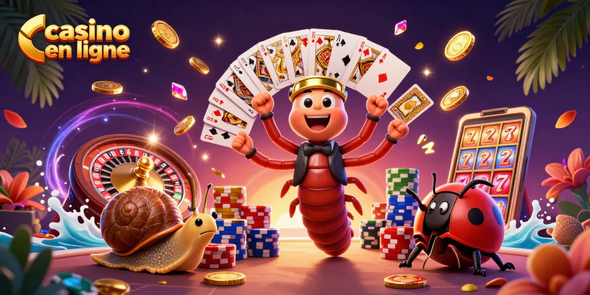 Casino en ligne : une illustration dynamique avec un croupier millipède et un escargot à gros jetons.