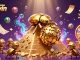 Cổng game Sunwin features vibrant 3D illustration with a golden beetle rolling coins in a dynamic casino scene