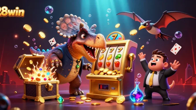 28win jackpot scene with a dinosaur winning slots while a panicked manager and flying coins create excitement