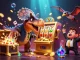 28win jackpot scene with a dinosaur winning slots while a panicked manager and flying coins create excitement