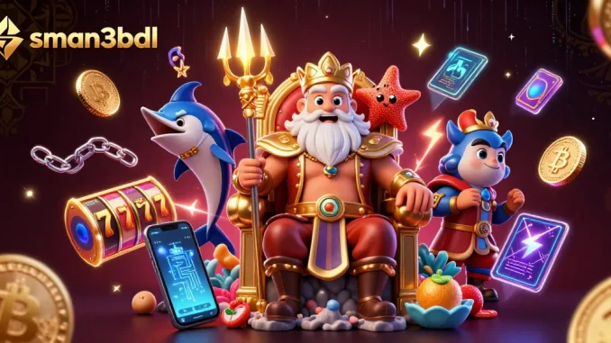 Permainan slot sman3bdl dengan Raja Laut dan elemen kasino berwarna cerah.