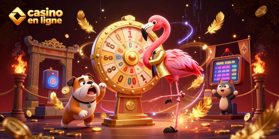 Jouez à casino en ligne avec le flamingo hôte et le bulldog gagnant, en pleine animation.