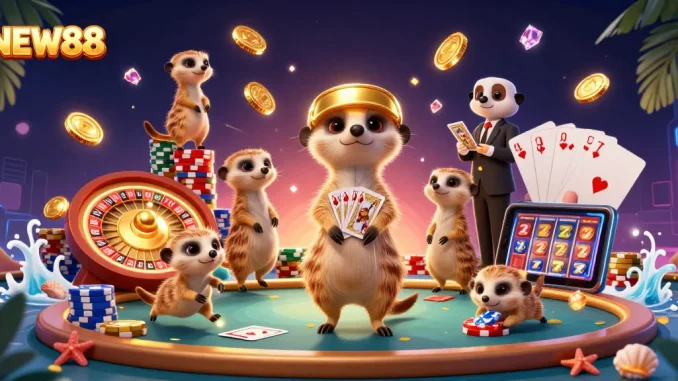 Experience the excitement of NEW88 casino with meerkats engaging in dynamic gaming activities.
