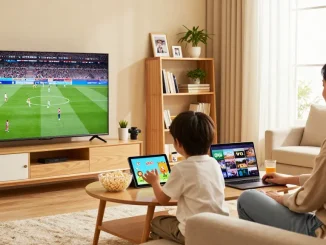 Test iptv 24h dans un salon moderne avec une famille regardant des contenus IPTV