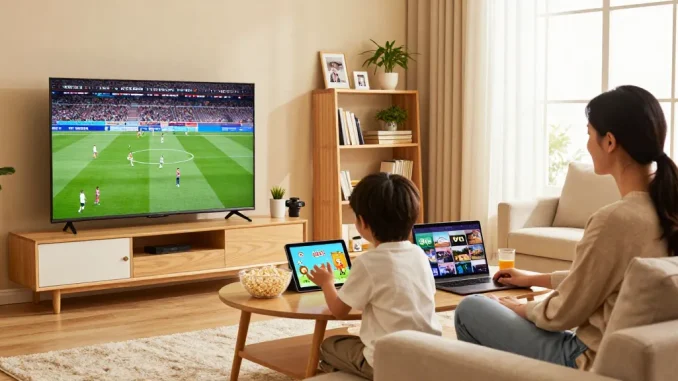 Test iptv 24h dans un salon moderne avec une famille regardant des contenus IPTV