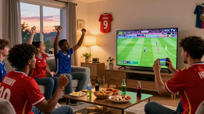 Fans enjoying a live match on kora tv, celebrating victories in a lively room scene.