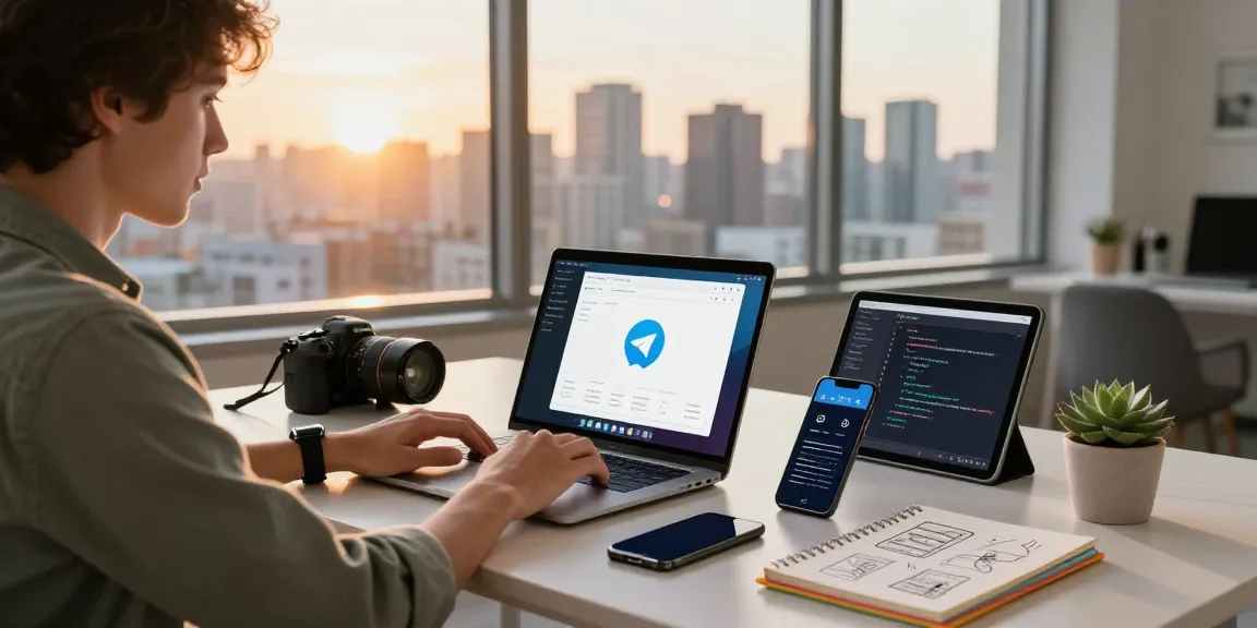 Dynamic workspace showcasing telegramin-cn.com on a laptop, tech gadgets, and a vibrant city view.