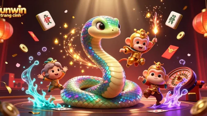 An engaging scene of sunwin trang chính featuring a colorful serpent, monkey king, casino elements, and festive decorations.