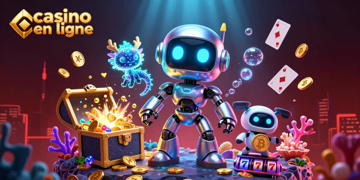 Illustration d'un robot cyberpunk et un dragon holographique dans un casino en ligne rempli de trésors.