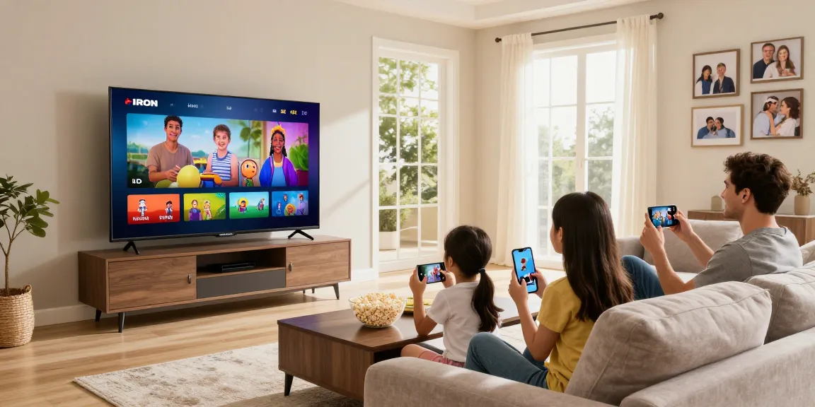 Family enjoying IRON TV in a cozy living room, watching HD and 4K content together.