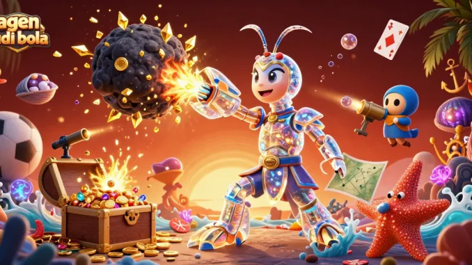 Win big with agen judi bola in this vibrant 3D scene filled with sports and casino elements.