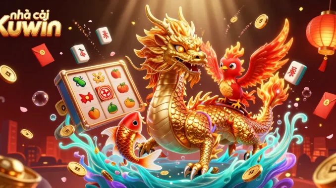 Experience the thrill of Nhà cái Kuwin with dynamic casino visuals featuring a golden dragon and fiery phoenix.