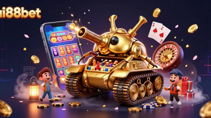 Experience thrilling gameplay at ai88bet with a vibrant illustration of a miniature casino in a golden beetle tank.