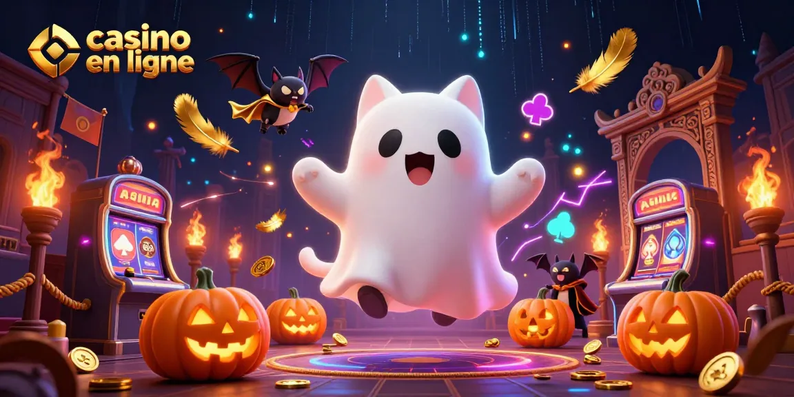 Attirez l'attention sur le casino en ligne avec un chat fantôme et une chauve-souris dans un décor de jeu vibrant.