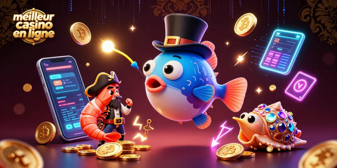 Illustration colorée représentant le meilleur casino en ligne avec des personnages ludiques entourés de crypto-monnaies.