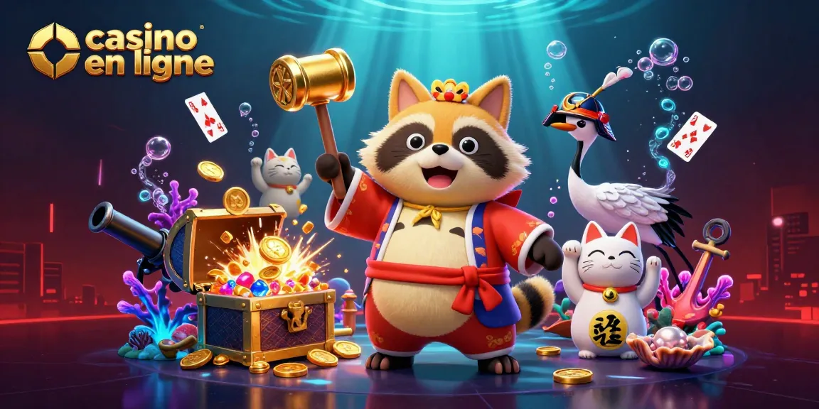 Jeu captivant dans un casino en ligne avec un tanuki, des chats maneki-neko et des éléments de casino.