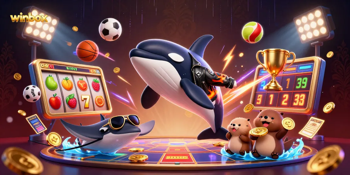 Engage in thrilling gameplay at winbox with a vibrant 3D scene featuring an orca whale and sea creatures amidst dynamic slot reels.