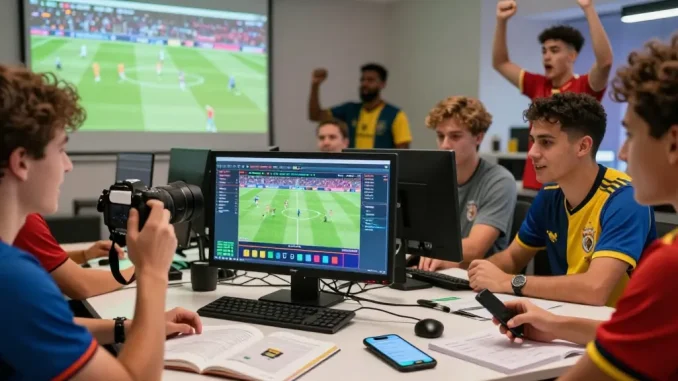 Football fans analyzing keobongdahomnay betting odds together in a lively environment.