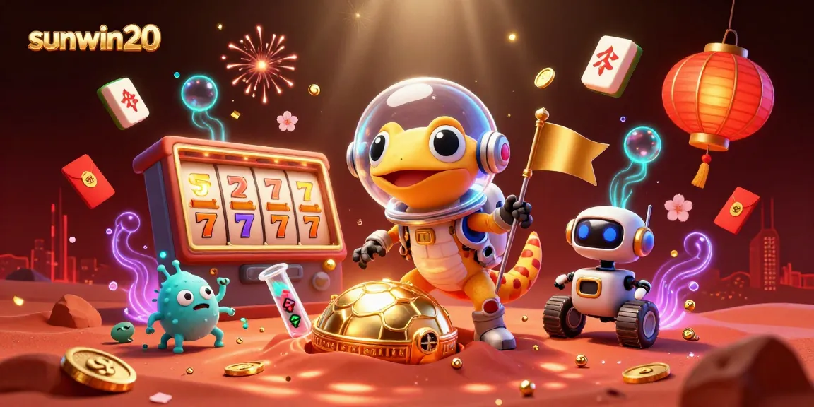 Win big at sunwin20 with a gecko discovering a golden casino in this vibrant scene.