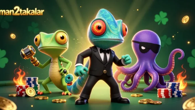 Gambarkan sman2takalar dalam adegan poker seru dengan chameleon agen rahasia dan teman gecko.