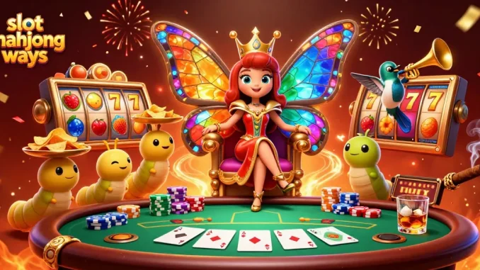 Experience the excitement of slot mahjong ways with vibrant reels, butterflies, and casino elements.