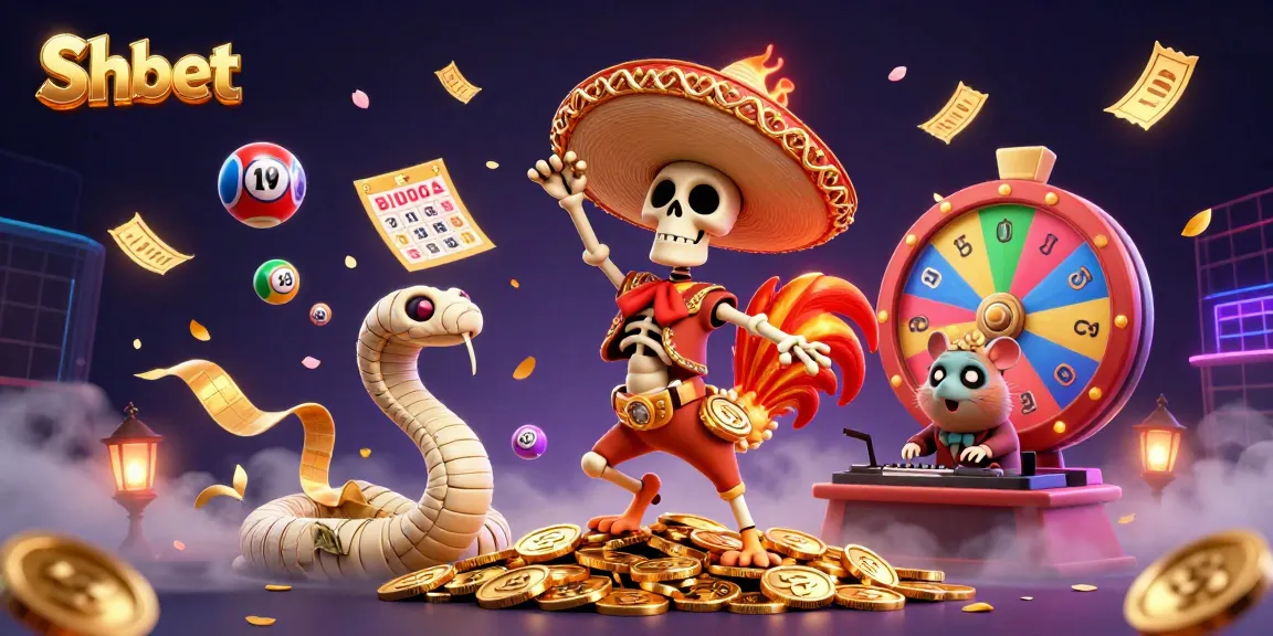 Experience the excitement of Shbet with vibrant casino characters dancing amidst golden coins and lottery balls.