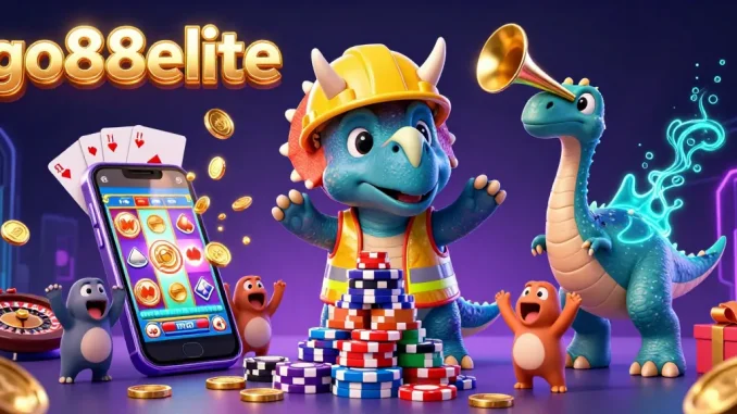 Join the celebration with go88elite as a triceratops builds poker chip pyramids amidst vibrant jackpot excitement.