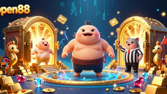 Experience open88 with a dynamic underwater casino scene featuring vibrant characters and gold treasures.