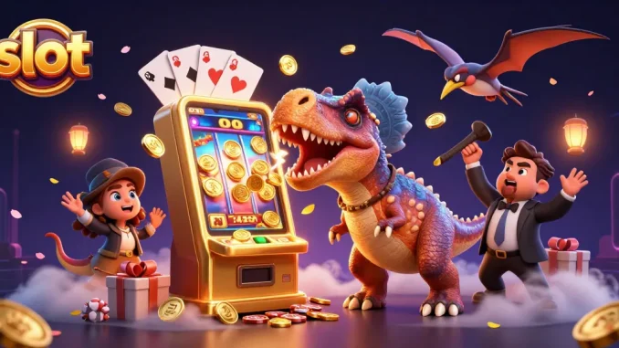 Menghadapi mesin slot yang emas, dinosaurus pachycephalosaurus membuat jackpot dan koin terbang, permainan slot interaktif