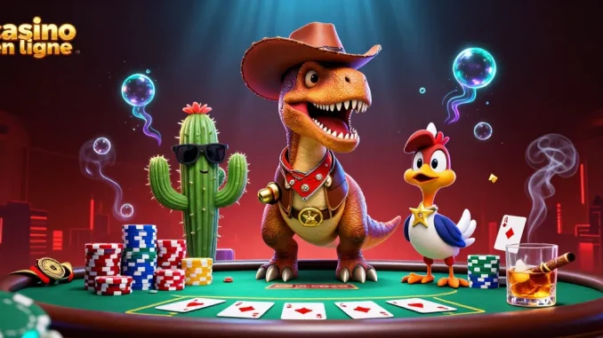 Profitez de l'animation captivante "casino en ligne" avec un T-Rex cowboy et des éléments de poker.