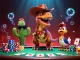 Profitez de l'animation captivante "casino en ligne" avec un T-Rex cowboy et des éléments de poker.
