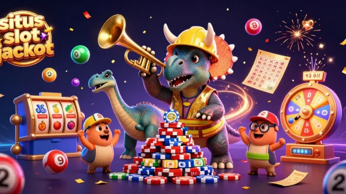 Situs slot jackpot illustration showcasing a triceratops building poker chips with festive elements