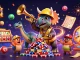 Situs slot jackpot illustration showcasing a triceratops building poker chips with festive elements